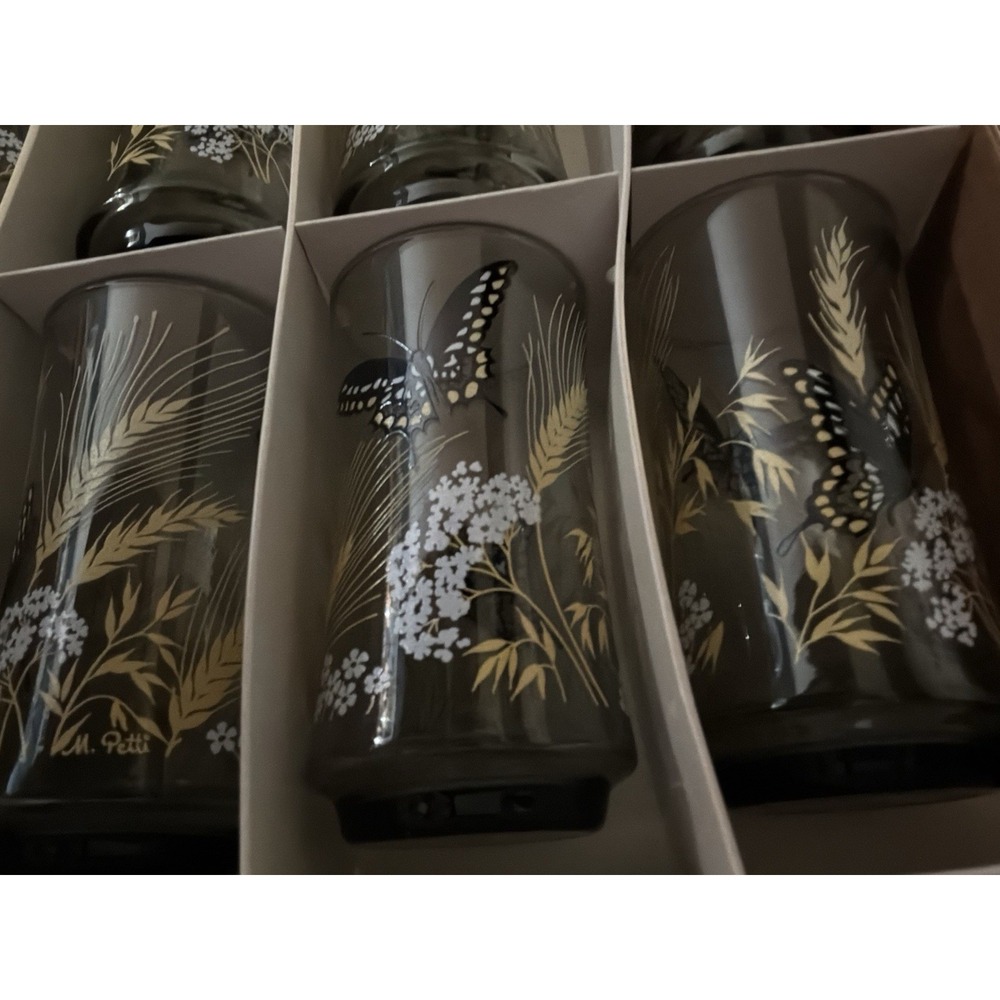 Set Of 8‎ Vintage M. Petti Smoke Glass Tumbler Butterflies Flowers Original Box
